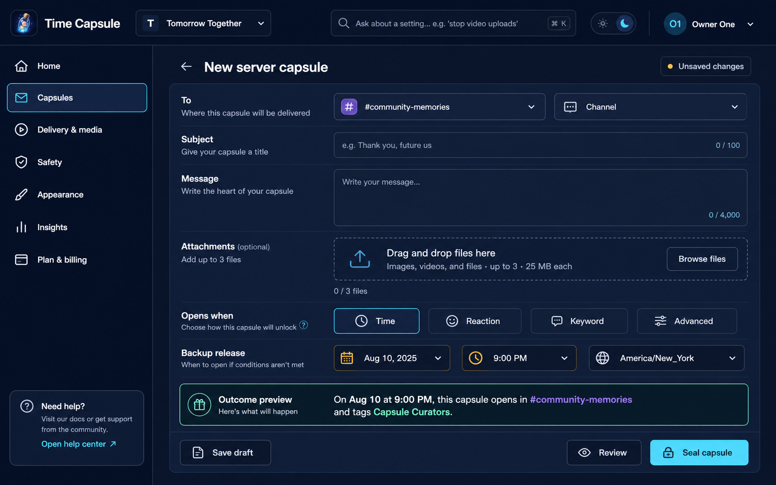 Time Capsule moderator portal capsule composer with destination, message, and automation controls
