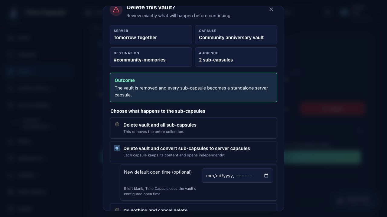 Moderator portal populated vault deletion dialog with delete, convert, and cancel choices
