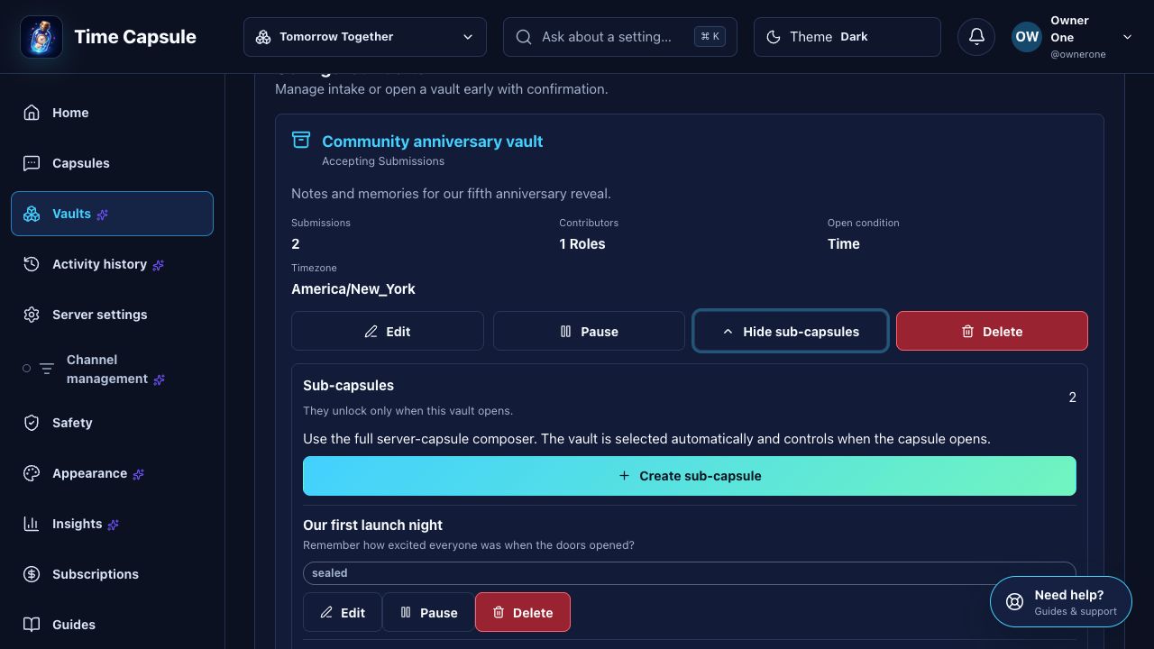Moderator portal vault list expanded to show editable and pausable sub-capsules